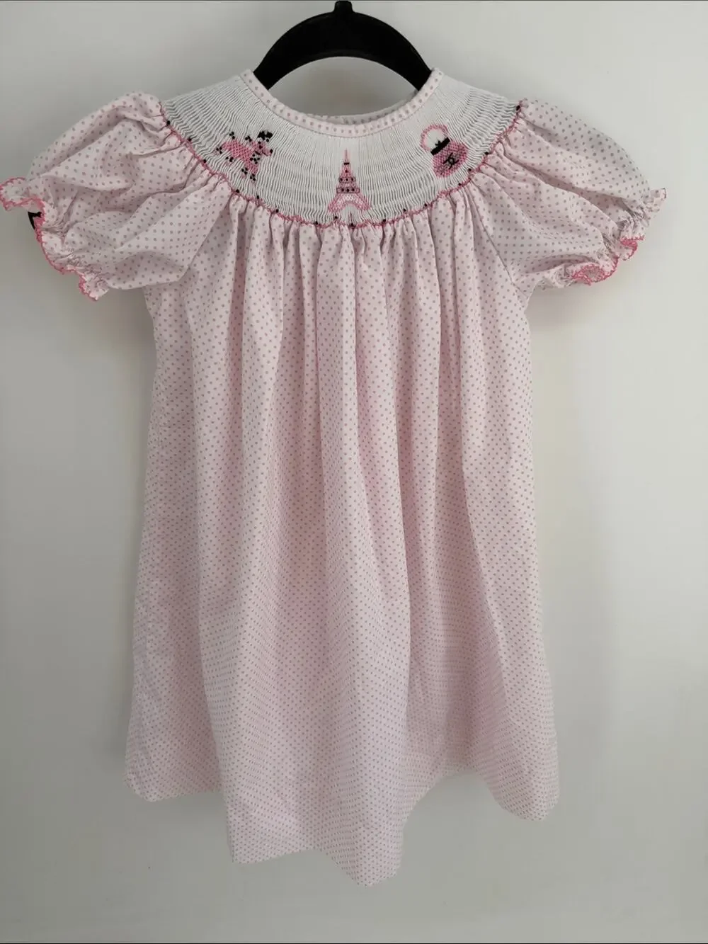 Classic Whimsy Parisian Eiffel Tower poodle embroidered smocked polka dot dress